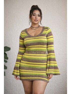Y2K Sweater Dress Large Striped Bell Sleeve Strappy Cutout Open Back Boho Knit